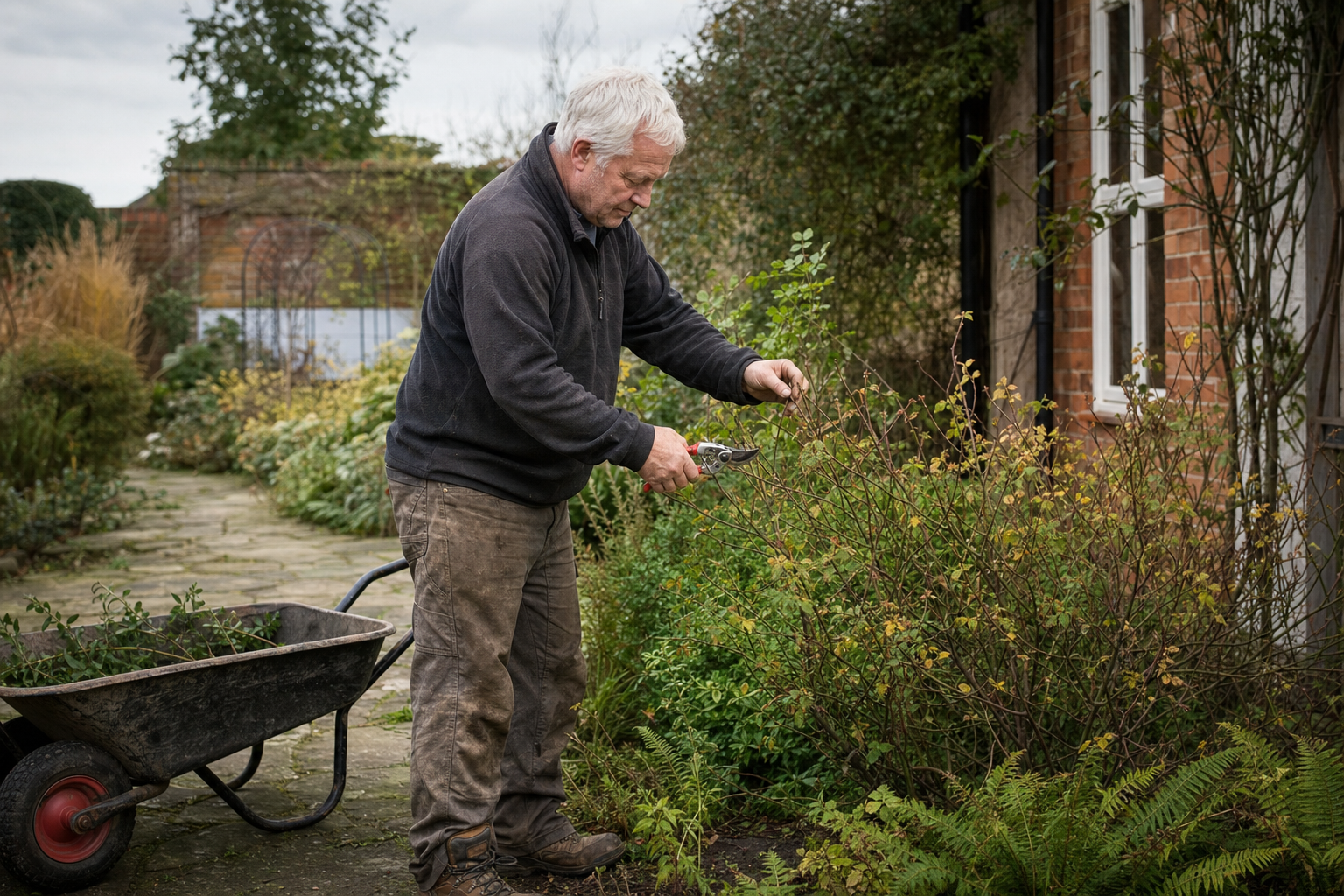 Landscaper trimming plants in a garden