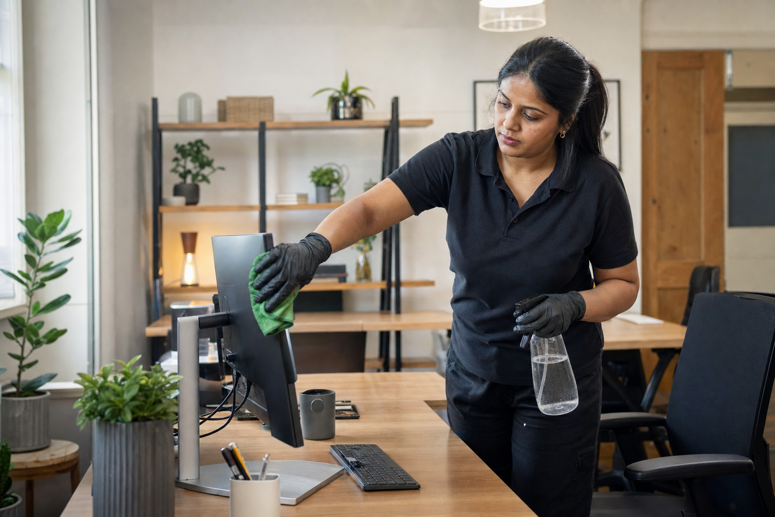 Cleaning company staff member cleaning an office