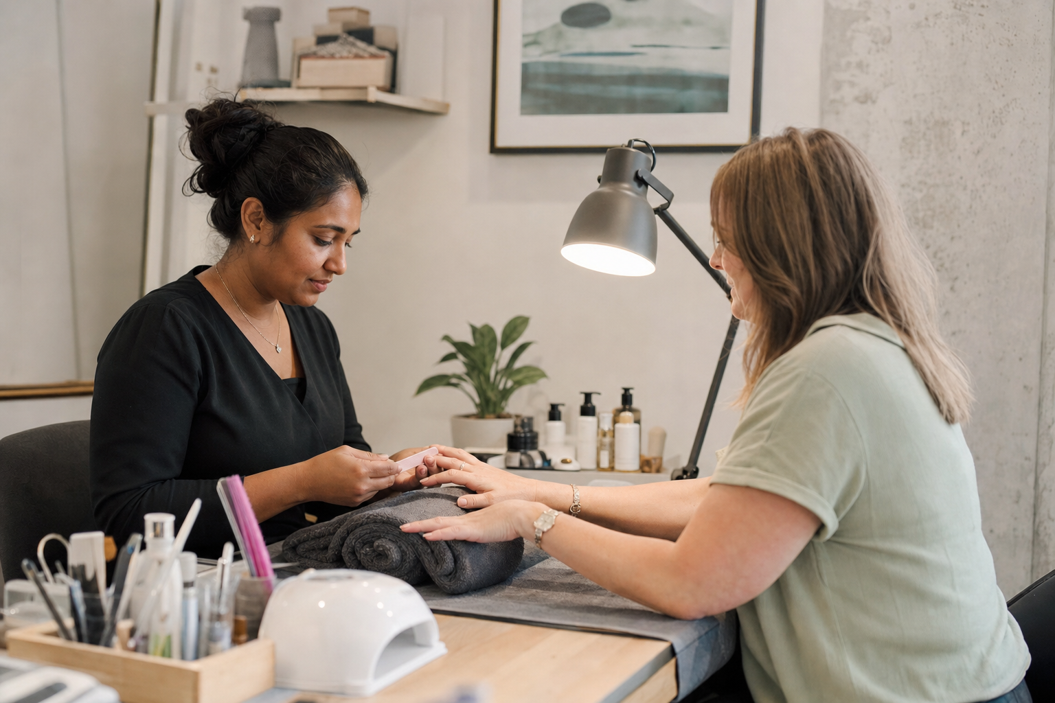 Beauty salon technician giving a manicure