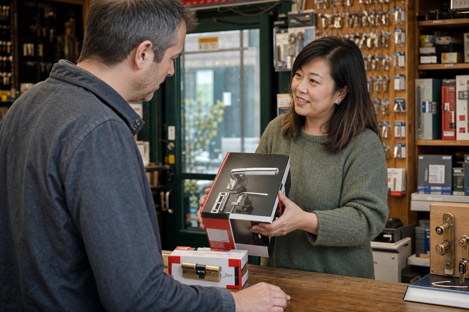 Locksmith helping a customer choose door hardware