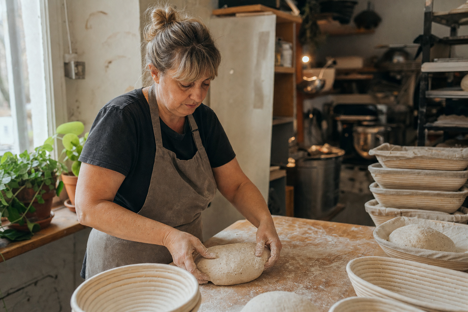 Baker shaping sourdough dough in a bakery