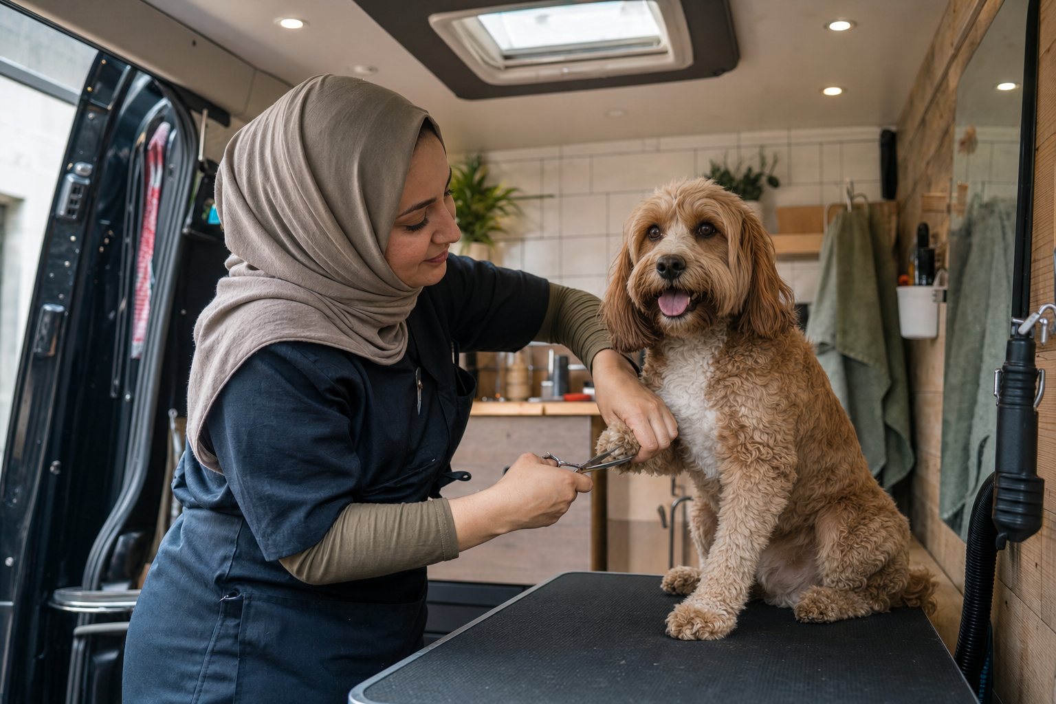 Mobile dog groomer trimming a dog inside a van