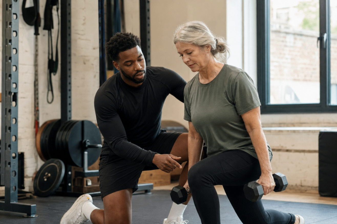 Personal trainer coaching a client through lunges