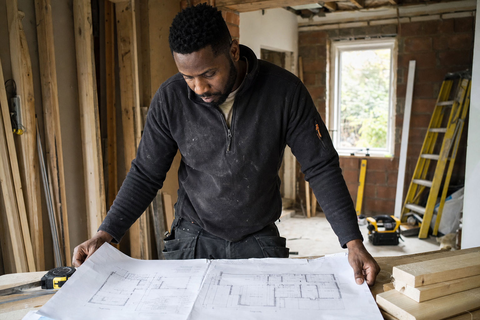 Builder reviewing floor plans on site
