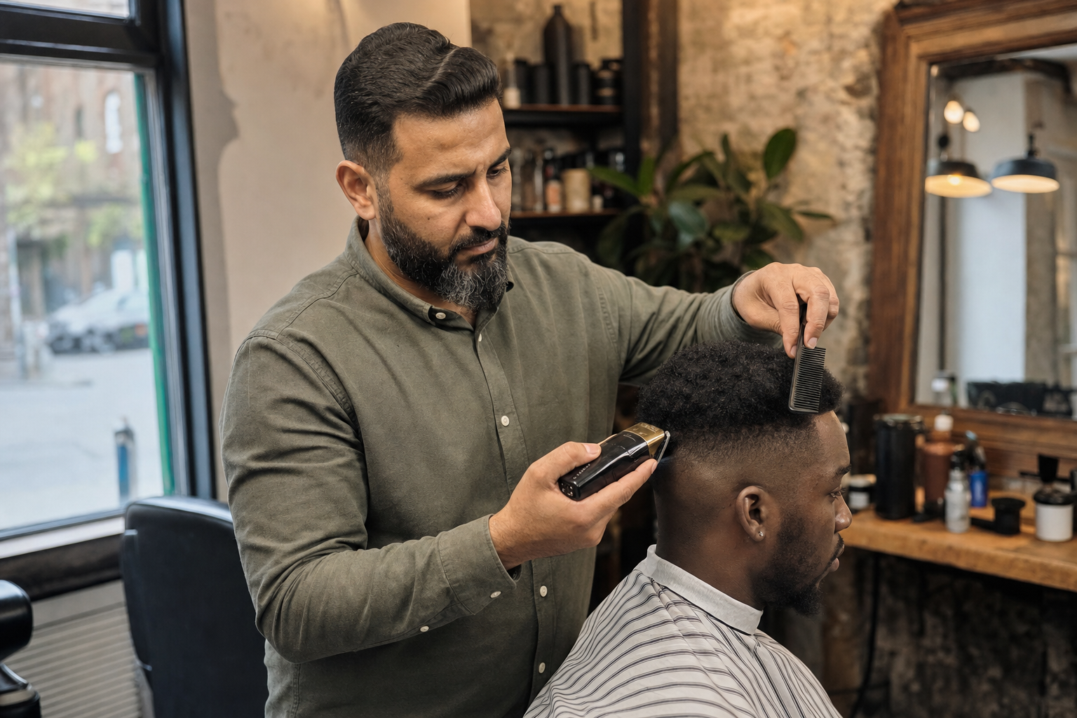 Barber cutting a customer's hair